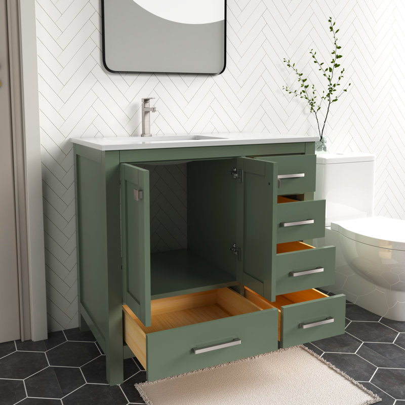 Anvay 36 in. Single Sink Freestanding Bath Vanity in Forest Green with Carrara Quartz Top, Quartz - White Carrara