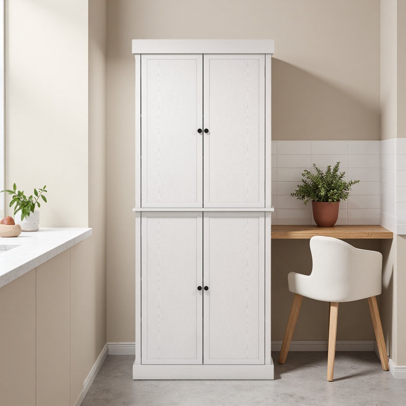 Armoire de cuisine 72,5 po autoportante, armoire de rangement haute avec 4 portes et 2 tablettes réglables pour salle à manger, grain de bois blanc