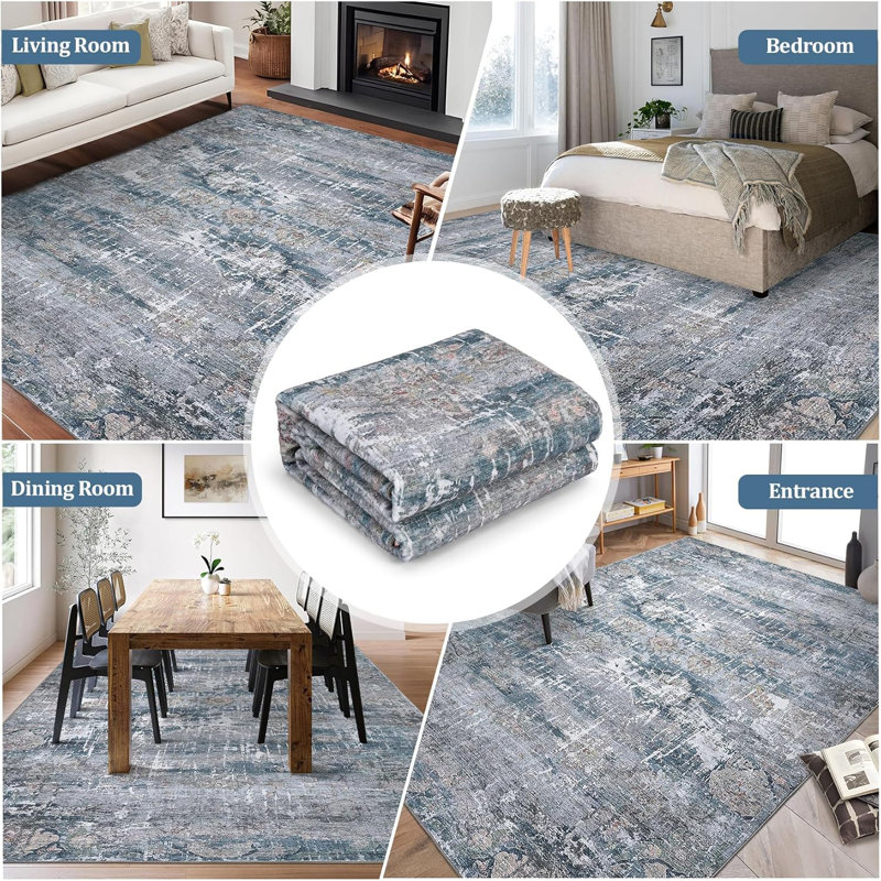 Neutral Area Rugs 5x7 Washable, Soft Vintage Distressed Large Bedroom Rug Foldable Indoor Floor Carpet, Retro Abstract Farmhouse Low Pile Taupe Multi