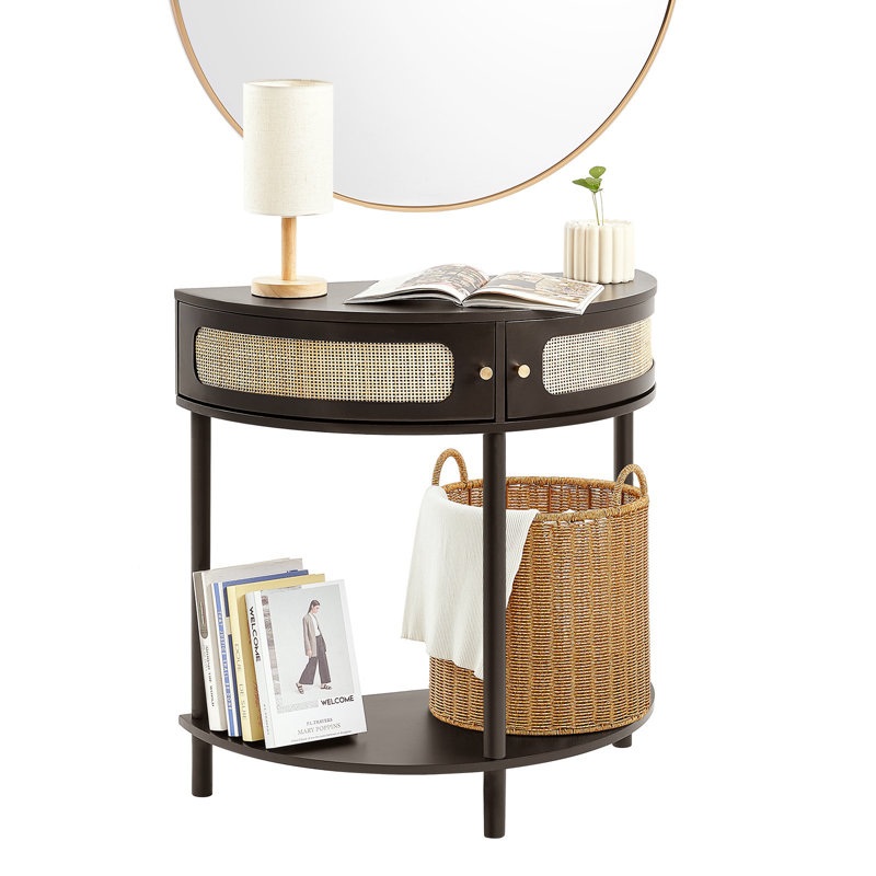 Console demi-lune en rotin avec 2 tiroirs, table d'entrée en rotin avec porte coulissante en rotin naturel, console avec rangement pour salon, bureau, entrée ou mur de télévision, noir