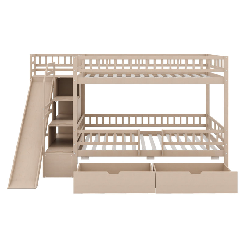 Structure de lit superposé polyvalente avec glissade, escalier de rangement et 2 tiroirs, Noyer
