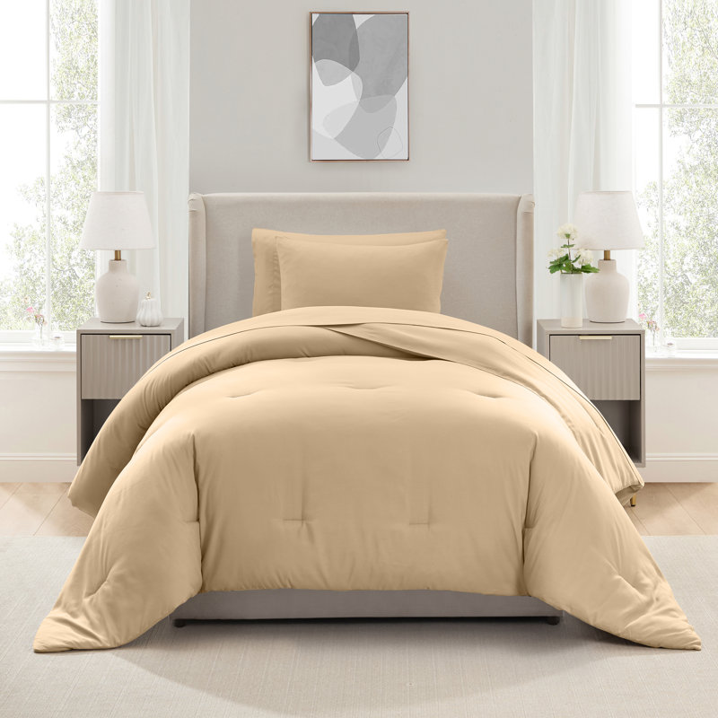 Ensemble d'édredon en microfibre 5 pièces avec draps, Édredon simple très long + 4 pièces supplément, Beige