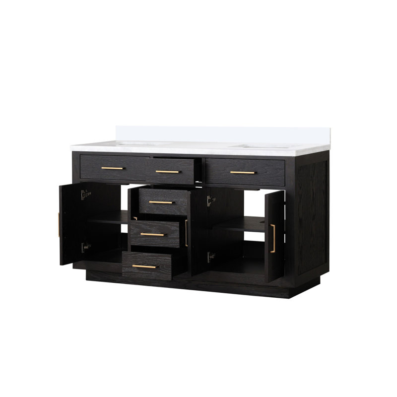 Meuble-lavabo double en chêne noir 60 po X P 22 po D, avec plateau en quartz blanc