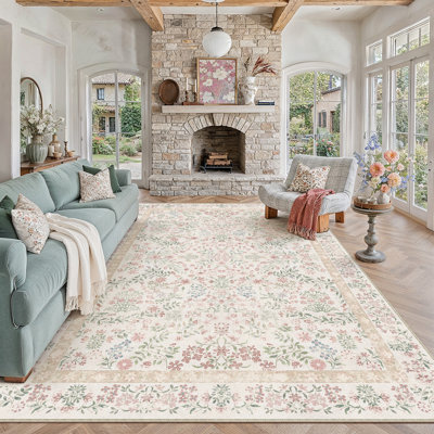 Tapis lavable à motif floral moderne Griffin avec envers antidérapant