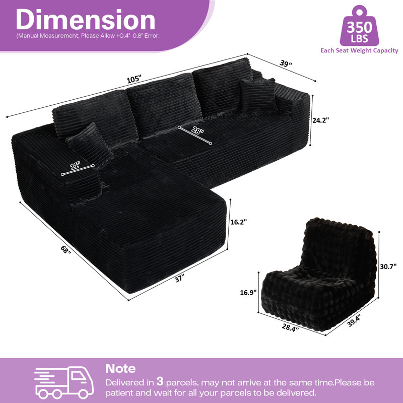 Cozza Sectional Sleeper Sofa, Convertible Compression Couch With Bean Bag Chair For Living Room, Left Hand Facing, Black