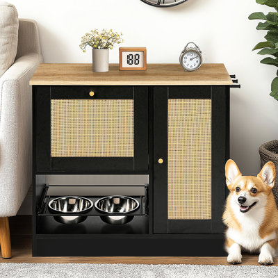 Pet Feeding Station With 2 Lockers, Hidden Design, Tipping, Black Color Scheme Tipping Feature, Elevated Bowls, Side Hooks, Easy Assembly