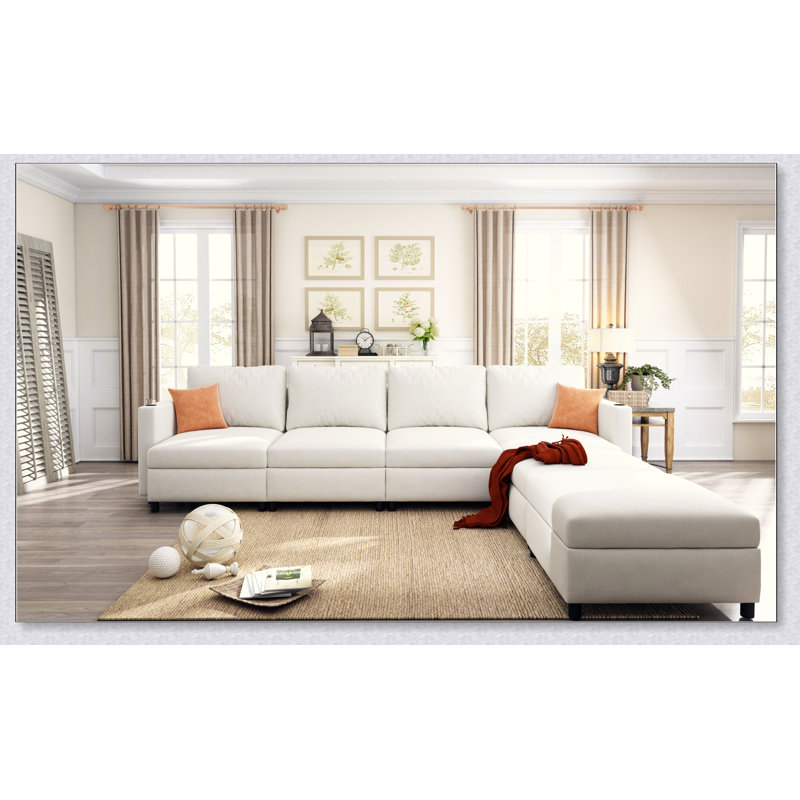 Grand canapé modulaire moderne, canapé modulaire en U avec fonction de rangement, Tissu blanc antique