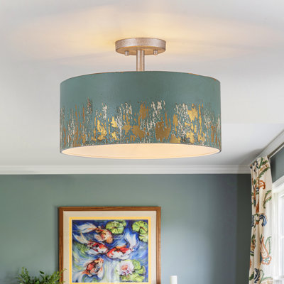 Plafonnier semi-encastré 3 lumières bleu sarcelle vieilli à la main bleu sarcelle et blanc antique