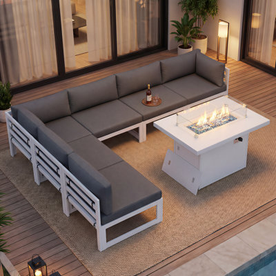 Ensemble de conversation modulaire d'extérieur en aluminium 7 pièces pour 6 personnes Tuyen avec table de foyer d'extérieur de 60 000 BTU et coussins en mousse haute résilience de 4 po