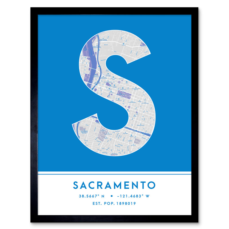Sacramento City Map Sacramento Blue 1 Piece Single Picture Frame Wall Art