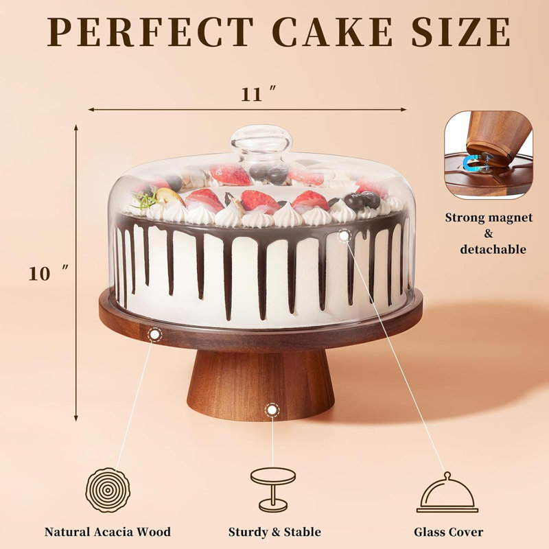 Support à gâteau en bois avec couvercle, support à gâteau en acacia avec dôme en verre
