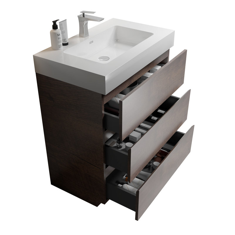 Meuble-lavabo de 30 po en noyer avec lavabo - Design moderne, rangement spacieux, lavabo blanc, noyer, option d'organisation, système de tiroir