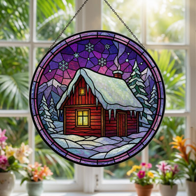 7.8"H Winter Cabin Stained Glass Window Panel