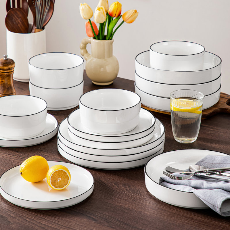 24-Piece Ceramic Dinnerware Set, Ivory White/Black
