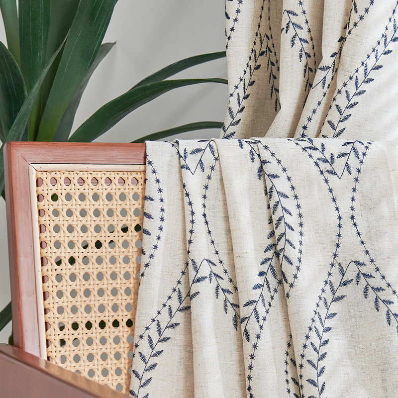 Linen Farmhouse Curtains Embroidered Leaf Curtains for Living Room, Blue, 50" W x 84" L