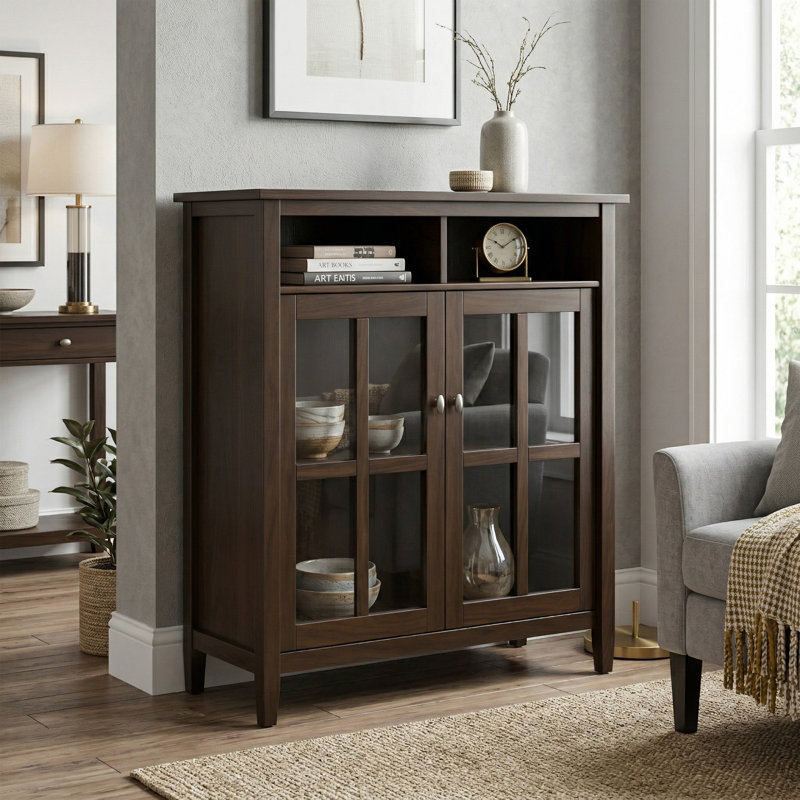 Warm Shaker 39"W Solid Wood Transitional Medium Storage Media Cabinet with Open Cubbies and Glass Doors, Tobacco Brown