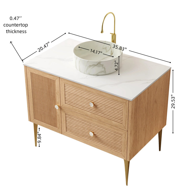 Meuble-lavabo de salle de bain 91 cm (36 po) avec une superbe finition chêne rayé, lavabo en céramique brillante de 36 cm (14 po) et comptoir à motif pierre, 2 tiroirs, 1 porte