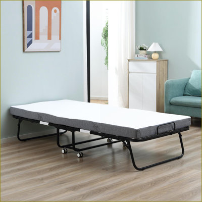 Lit d'invité pliant avec matelas de 4 po, structure en acier robuste et roues verrouillables, blanc neige | acier | blanc neige