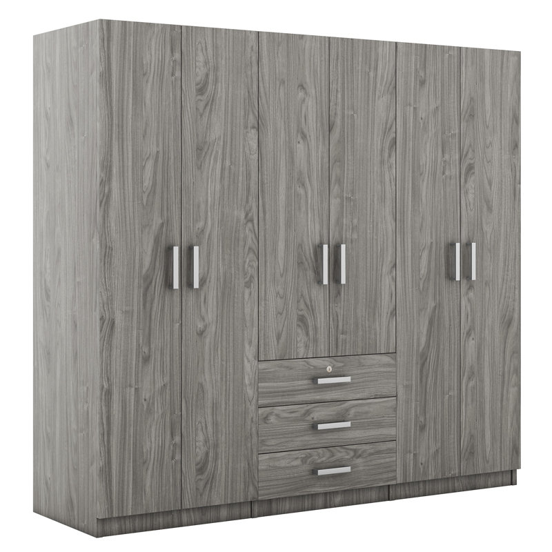 Armoire de rangement Mid-Century moderne à 6 portes en bois pour chambre avec grands tiroirs, Gris