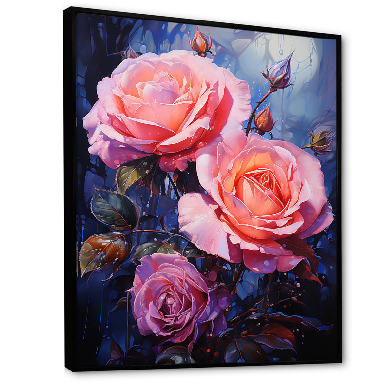 Fleur de néon rose sur toile, H 40 po x l 30 po x P 1,5 po, Cadre flottant noir