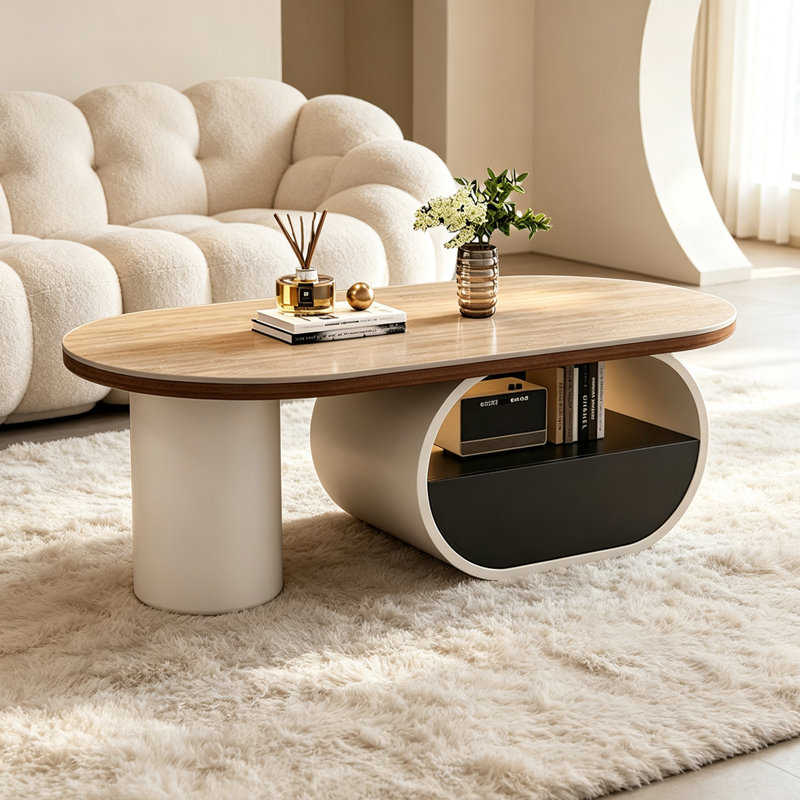 Table basse Italian Minimal Creative, 16.53" H x 47.24" W x 23.62" D, Burlywood Top/White/Black Base, Wood