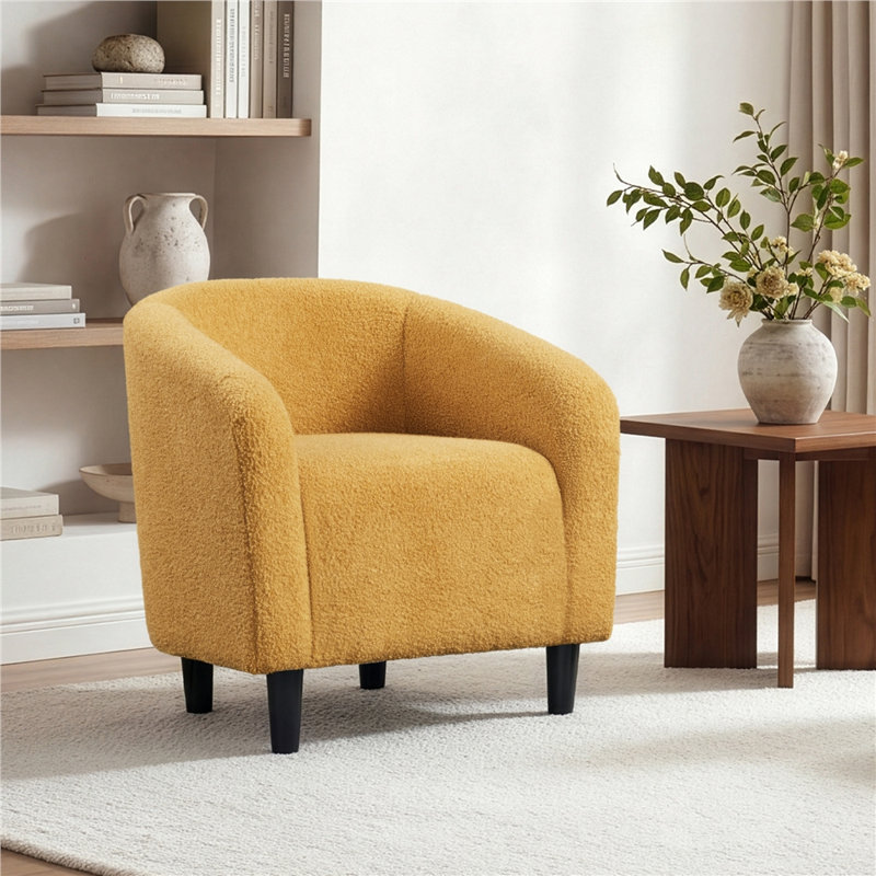 Fauteuil club tonneau en bois massif de 27 po de largeur, Mélange de polyester jaune moutarde