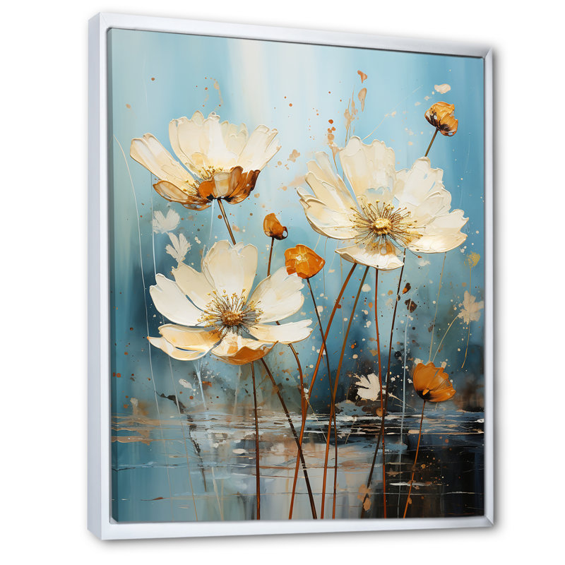 «Daisy Blossoming» en bleu sarcelle - impression, H 32 po x l 16 po x P 1 po, Cadre flottant blanc
