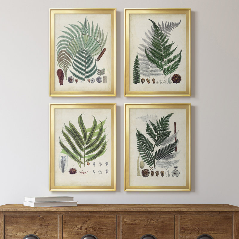 Collection Ferns I - ensemble de 4 peintures sur toile encadrées, H 24,5 po x l 74 po x P 1 po, Cadre doré
