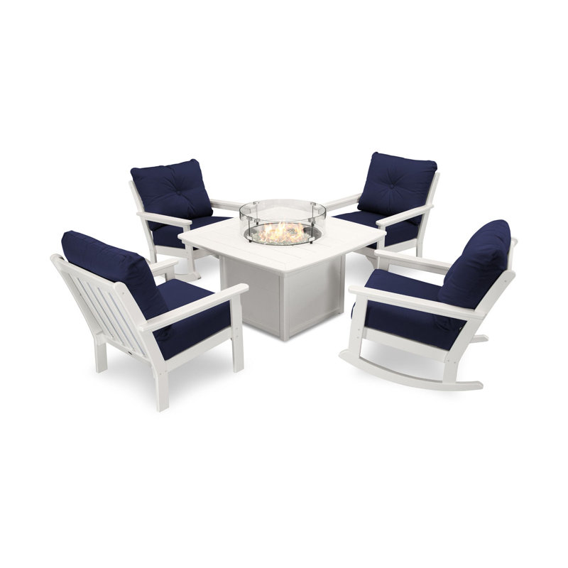 Vineyard 5-Piece Deep Seating Rocking Chair Conversation Set with Fire Pit Table, Navy, White