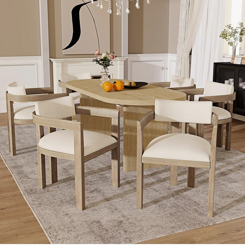 Linen Upholstered Armchair in Beige, Natural Wood, 6
