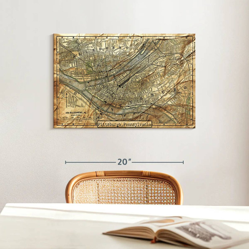 Carte rétro de la ville de Pittsburgh sur toile, H 16 po x l 24 po x P 1,25 po