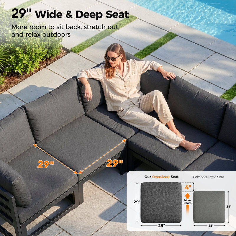 Anevaeh 8-Person Outdoor Patio All-Aluminum Sectional Conversation Set with Fire Pit Table and Cushions, Gray, Dark Gray