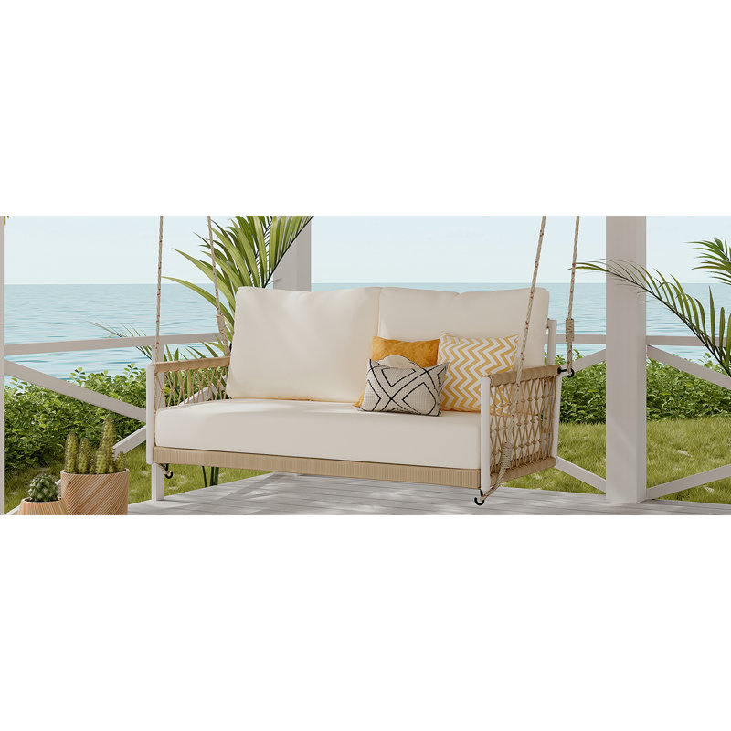 - Balançoire de cour intérieure beige avec structure et coussins en corde tissée douce