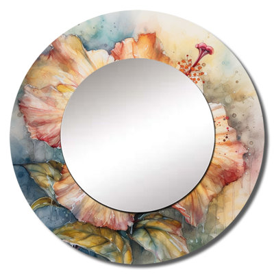 Orzell Orange Grey Hibiscus Euphoria II - Hibiscus Mirror, Traditional Round Decorative Wall Mirror, Printed Metal Art