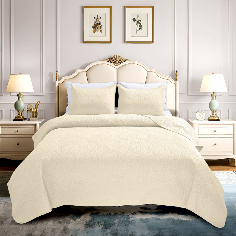 Modern & Contemporary Polyester Machine Tufted Geometric Shapes Quilt, Twin Quilt +2 Standard Shams, Beige Geometric Shapes