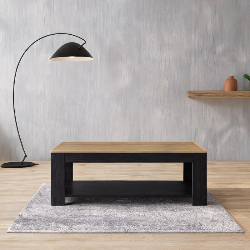 Table basse moderne avec rangement ouvert, rectangulaire, bois d'ingénierie noir profond, largeur 47,2