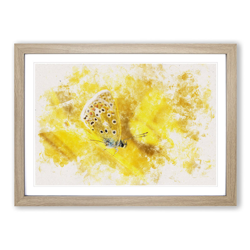 Yellow Butterfly Watercolour - Picture Frame Graphic Art, Oak, 35cm H x 50cm W x 2cm D