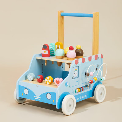 Kids Wooden Baby Push Walker With Ice Cream Activity Center, Pretend Dessert Shop Learning Toy With Rubber Wheels For Toddlers 12 Months And Up