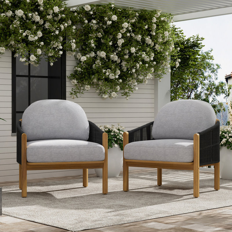 Fauteuil club d'extérieur en bois avec coussin, ensemble de 2, Coussin gris/cadre noir