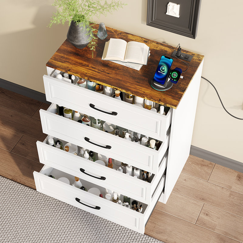 Iasia 4-Drawer Dresser with Charging Station , White/Brown