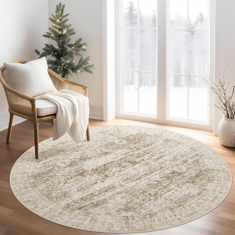 Vintage Distressed Non Slip Washable Rug(Brown), Round 4'