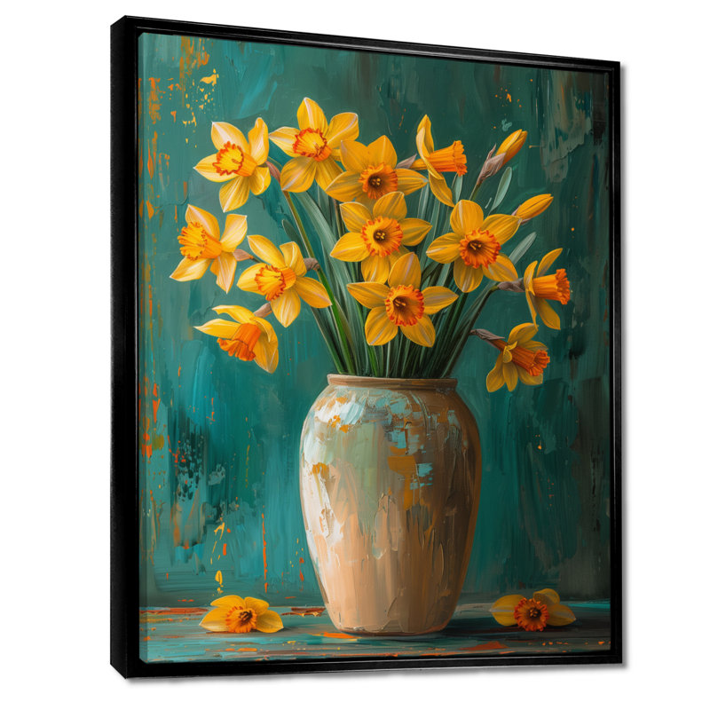 Bloom, orange, nature morte, jonquilles III - jonquilles, art mural, H 30 po x l 40 po, Cadre flottant noir