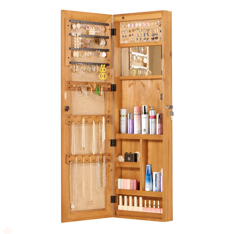 Armoire pour armoire à bijoux en bois massif avec miroir pleine grandeur, verrouillable au mur 47,5 x 14,3 po avec lumière DEL