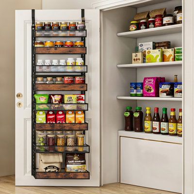 Black 8-Tier Wood and Acrylic Over the Door Pantry Organizer, 180 lbs Heavy Duty Hanging Spice Rack & Wall Mounted Storage Single