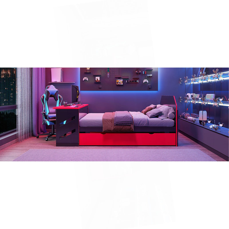 Full Size Wood Daybed With Twin Size Trundle,Desk And USB, Red
