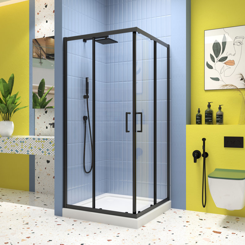 Matte Black Sliding Shower Door With 1/4" Tempered Clear Glass, 34.625 In. X 72 -Angle Pivot Enclosure And Stainless Steel Handle Black, Splendid