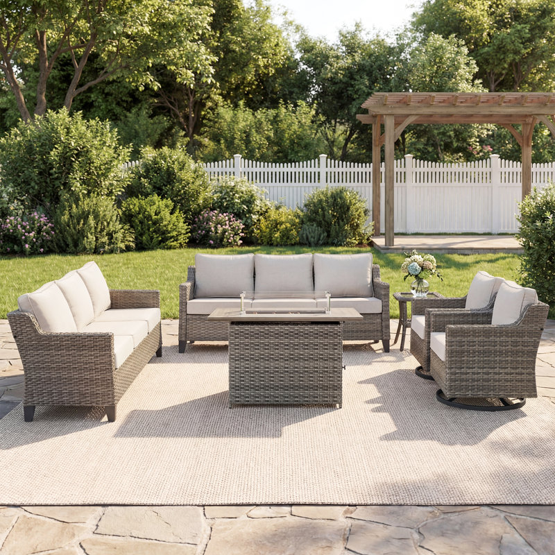 Arlene 6-Pieces Outdoor Courtyard Wicker Night Starry Sky Sofa Conversation Set With Fire Pit, Beige