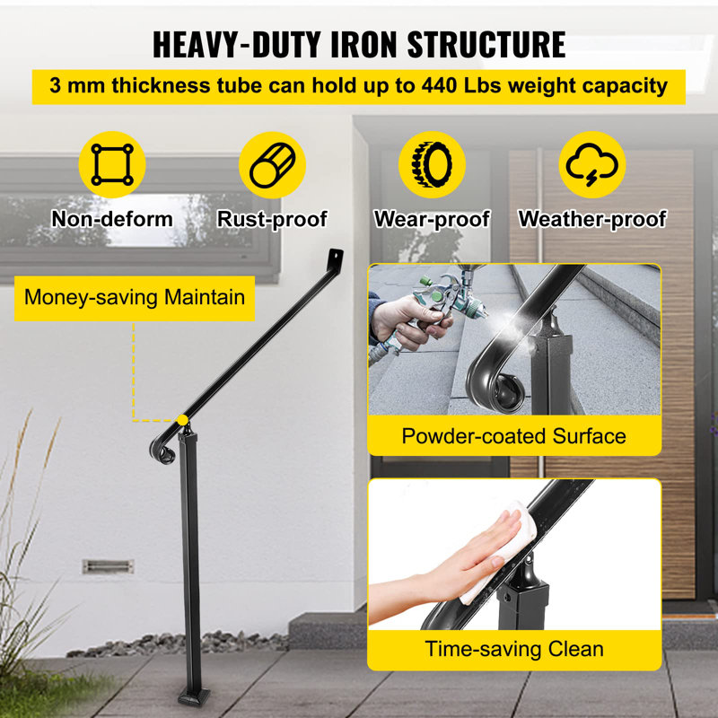 40Mm Pipe Wrought Iron Handrail 2 Steps Handrails For Outdoor Steps Handrails Garden Railing Exterior Handrail Stair Railings For Steps With One Bolt Down Post