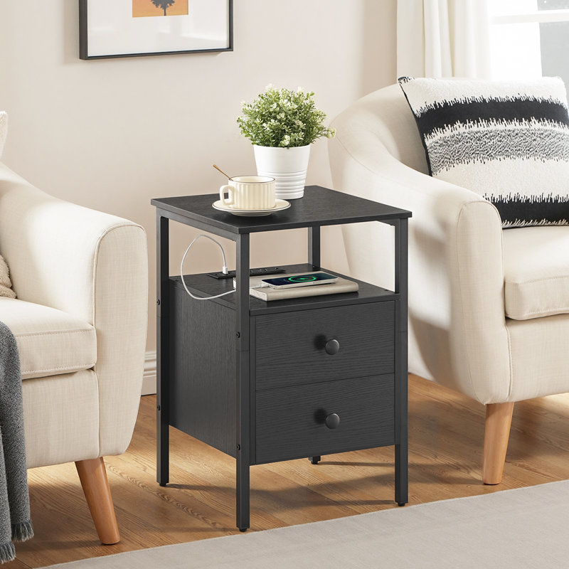 Pake 2 - Drawer 23.6" Tall Iron Nightstand with Storage and Built-In Outlets, Set of 2, Greige/Black