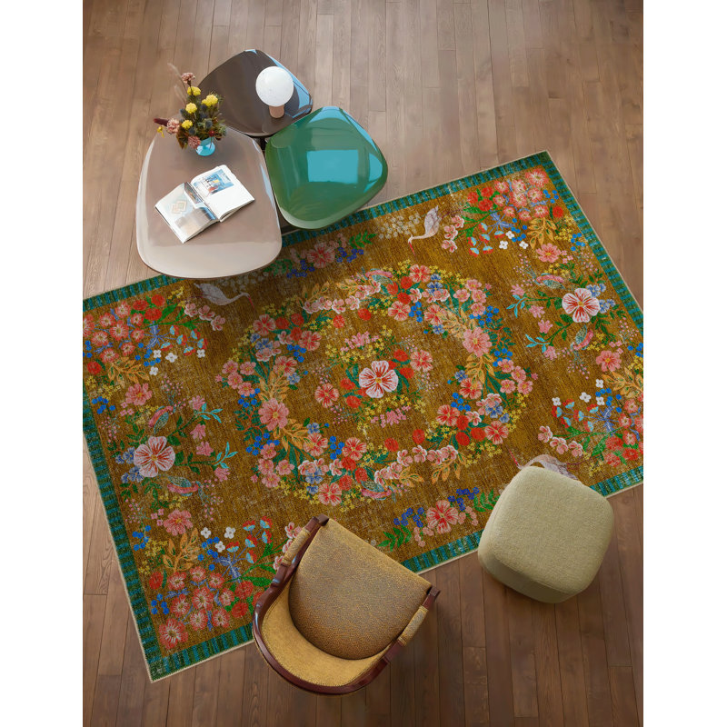 Floral Brown Themed Multi-Colored Floral Patterned Colorful Woven Base Rug, Rectangle 4'11.06" x 9'10.11"